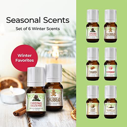 Winter Essential Oil Set of 6 Fragrance Oils - Christmas Wreath Pine, Vanilla, Peppermint, Cinnamon, Sugar Cookie, and Gingerbread by Good Essential Oils