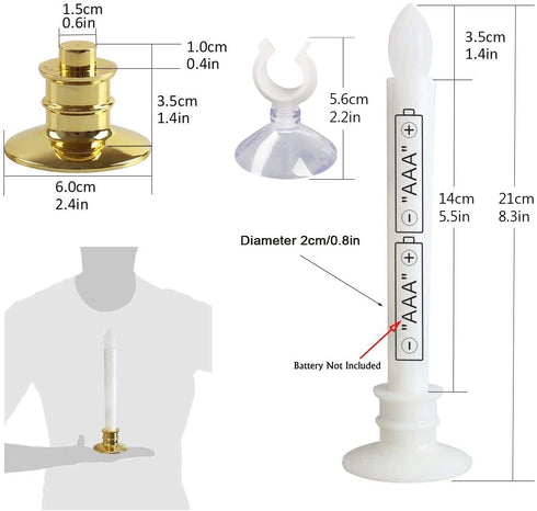 Window Candles with Remote Timers 10PCS Battery Operated Flickering Flameless Led Electric Candle Lights with Gold Base and 10PCS Suction Cups Taper Candles Holder for Christmas Decorations