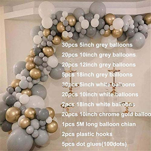 155Packs DIY Grey Balloons Garland Arch Kit-White-Chrome Metallic Gold Balloons for Wedding Birthday Party Baby Shower Decoration