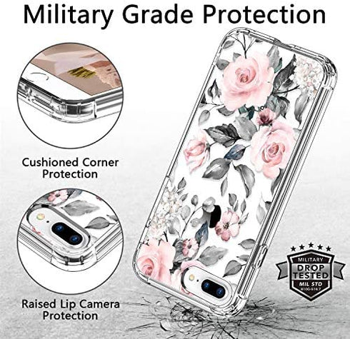 ICEDIO iPhone 8 Plus Case,iPhone 7 Plus Case with Screen Protector,Floral Designs for Girls Women,Shockproof Protective Phone Case for iPhone 8 Plus/7 Plus Pink Flowers Grey Leaves