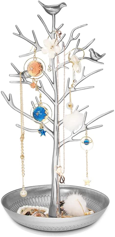 Inviktus Silver Birds Tree Jewelry Stand Display Earring Necklace Holder Organizer Rack Tower-silver