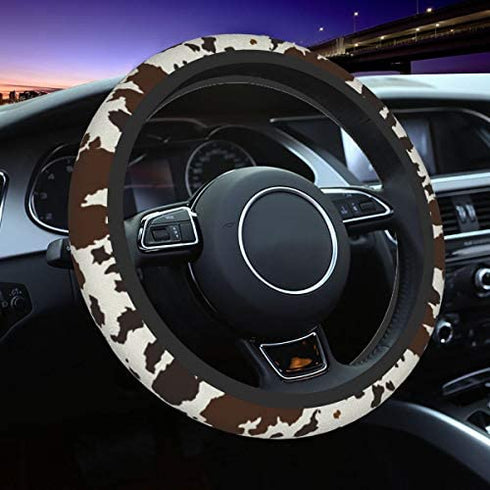 Cow Leather Skin Brown Car Steering Wheel Cover Elastic Comfortable Neoprene Steering Wrap Universal 15 Inch Durable Protector
