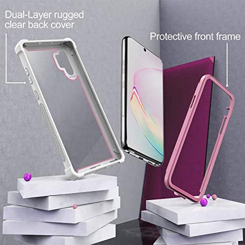 KSELF Case for Samsung Galaxy Note 10 Plus Case with Screen Protector, Full Body Protective Hybrid Dual Layer Shockproof Acrylic Back Case Cover for Galaxy Note 10 Plus 5G 6.8 inch (White Pink)