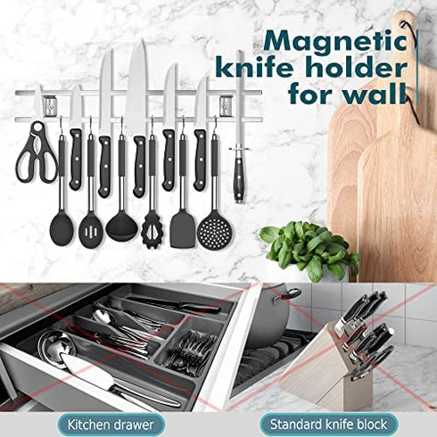 Magnetic Knife Holder for Wall - Stainless Steel Knife Magnetic Strip 18 Inch - Wall Knife Magnet Bar Rack With Hooks - Kitchen Utensil Holder and Knife Storage Holder