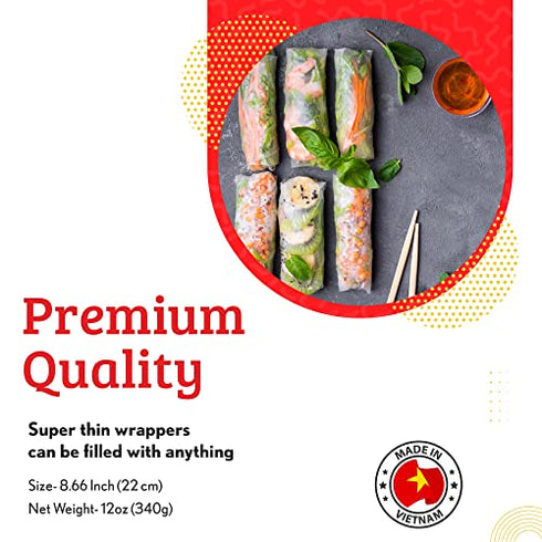 Cathay Fresh Spring Roll Rice Paper Wrappers, Rice Paper Wrappers for Fresh Rolls-30 Sheets, Non-GMO, Gluten-Free, Low Carb, Vietnamese Summer Wrap with Natural Ingredients,Veggie Wrap (Square, 22cm)