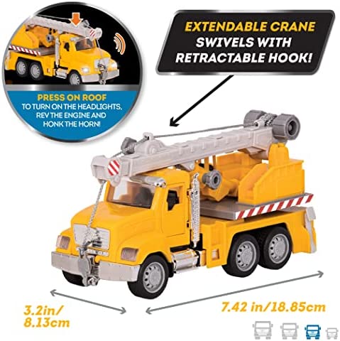 DRIVEN by Battat – Micro Crane Truck – Toy Crane Truck with Lights, Sounds and Movable Parts for Kids Age 3+ , Yellow