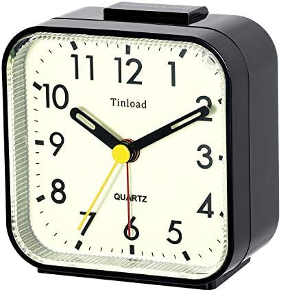 Tinload Night Light Analog Alarm Clock Silent Non Ticking, Ascending Beep Sounds, Snooze, Manual Light, Battery Operated,Small (Black)