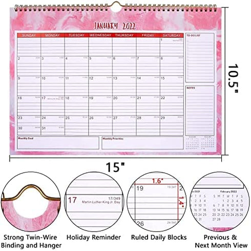 2022 Calendar - Wall Calendar 2022, 15"×10.5" Large Wall Calendar Hanging Monthly Calendar Planner with Large Blocks, Twin-Wire Binding, Perfect for Planning and Organizing