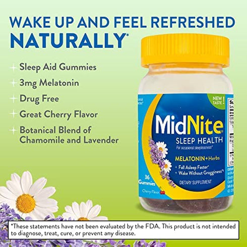 MidNite Gummies, Drug-Free Sleep Aid, Cherry Flavored, Melatonin & Herbs Dietary Supplement, 36 Count