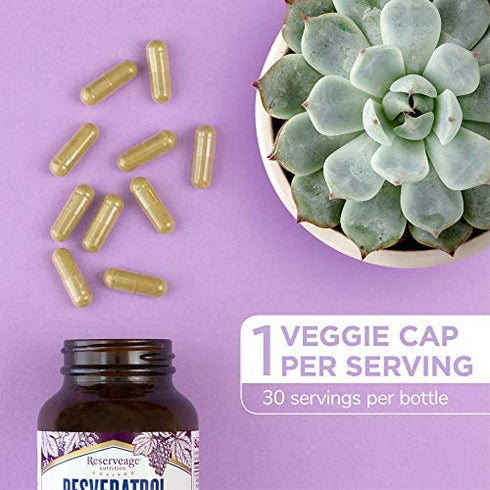 Reserveage, Resveratrol 500 mg, Antioxidant Supplement for Heart and Cellular Health, Supports Healthy Aging, Paleo, Keto, 30 Capsules