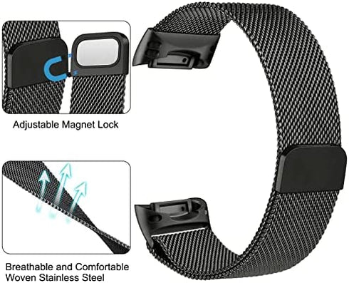 Tobfit Metal Band Compatible with Fitbit Charge 5 Bands for Women Men, Magnetic Clasp Stainless Steel Mesh Loop Strap (Black & Space Gray)