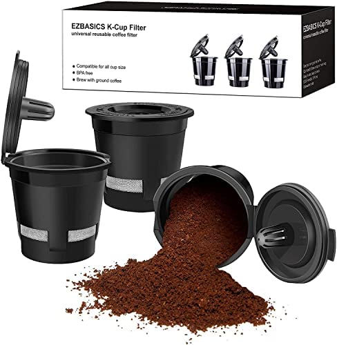 Reusable K Cups for Keurig, EZBASICS Reusable Coffee Filters Refillable Single Serve Coffee Maker, 3-Pack of Reusable Coffee Pods, Black