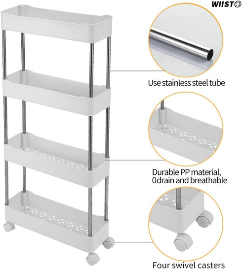 Wiisto Assembly Slim Storage Cart Mobile Shelving Unit Organizer Slide Out Storage Rolling Utility Cart Tower Rack for Kitchen Bathroom Laundry Narrow Places (White, 35.03 * 14.76 * 5.1in)