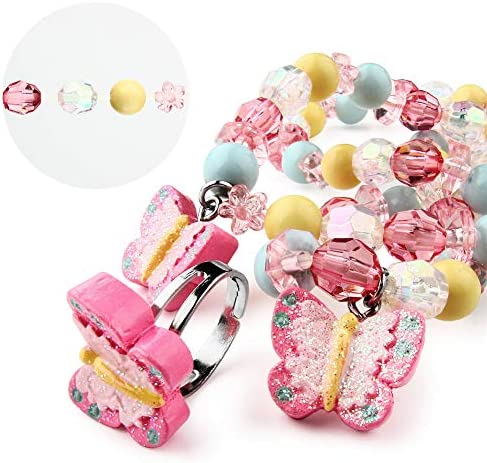 Butterfly Stretch Necklace Little Girl Toddler Necklace Bracelet Set, Little Princess Jewelry Kids Play Necklaces Butterfly Rings for Kids