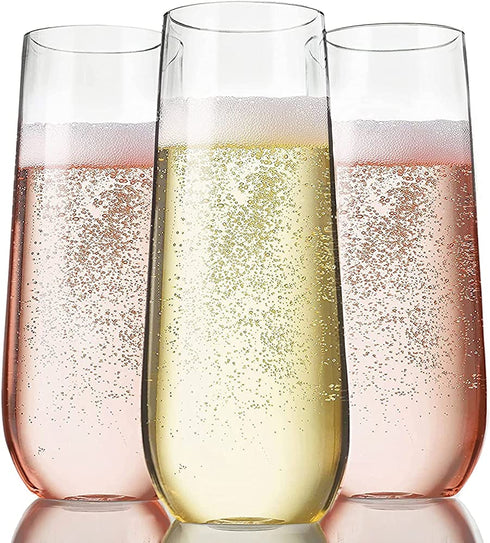 24 Pack Stemless Plastic Champagne Flutes 9 Ounce | Unbreakable Disposable Clear Toasting Glasses | Shatterproof Recyclable for Wedding/Party (PET)