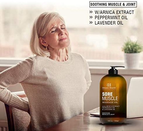 BOTANIC HEARTH Sore Muscle Massage Oil - with Arnica Montana Extract and Essential Oils - Warming and Relaxing - Soothes Tired Sore Muscles and Joint Pain, 8 fl oz