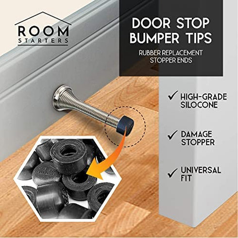 Door Stop Bumper Tips - 20 Pack Black Silicone Rubber Replacement Stopper Ends with Universal Fit by ROOM STARTERS