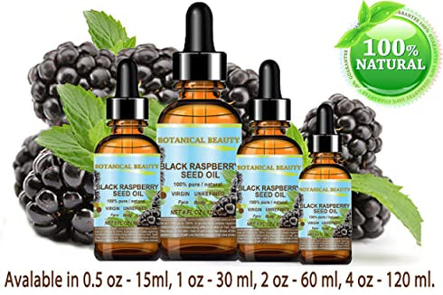 BLACK RASPBERRY SEED OIL. 100% Pure / Natural / Undiluted / Virgin / Unrefined / Cold Pressed Carrier oil. 0.5 Fl.oz.- 15 ml. For Skin, Hair, Lip and Nail Care. "One of the highest antioxidants, rich in vitamin A and E, Omega 3, 6 and 9 Essential Fatty Ac