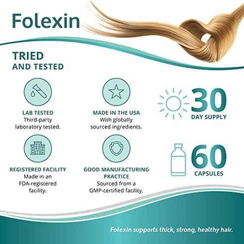 Folexin Hair Growth Support Supplement for Women & Men with Biotin, Vitamin B6 & Other Hair Vitamins for Thicker Hair Growth & Hair Health Support. 60 Capsules