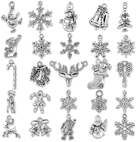 Konsait 120Pack Christmas Charms Bulk Antique Silver Pendants Christmas Pendant Accessory Mixed Craft Supplies Beads Pendants for Necklace Bracelet Jewelry Making Crafting and Christmas Ornaments