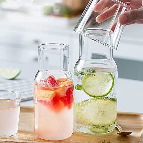 ZILJJ 500ml Bedside Water Carafe Set with Tumbler Glass Set for Bedroom Nightstand, Glass Mouthwash Bottle for Bathroom,Clear Glass Juice Water Pitcher,Night Water Carafe with Cup Set (17.5 oz)