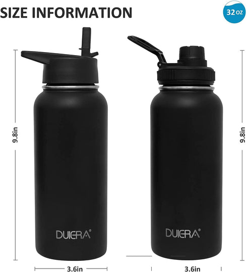 DUIERA 32oz Stainless Steel Water Bottle Vacuum Insulated Water Bottle with Straw & Leak Proof Spout Lids, BPA Free, Keep Cold or Hot - Black