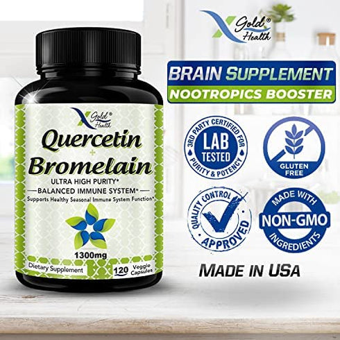 Quercetin 1000mg + Bromelain 300mg per Serving- Quercetin with Bromelain Supplement Complex for Cardiovascular Health, Respiratory System Support, Immune Function & Allergy Support-120 Veggie Capsules