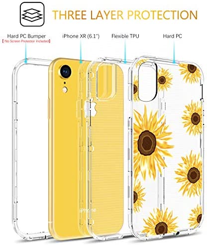 GUAGUA iPhone XR Case Sunflower Clear Floral Flowers for Girls Women 3 in 1 Hybrid Hard Plastic Soft Rubber Cover Shockproof Protective Phone Cases for iPhone XR 6.1-inch Transparent Yellow
