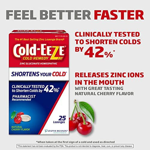 Cold-EEZE Natural Cherry Zinc Lozenges, Homeopathic Cold Remedy, Reduces Duration of the Common Cold, Sore Throat, Cough, Congestion and Post Nasal Drip, No.1 Best Selling Zinc Lozenge Brand, 25 Count