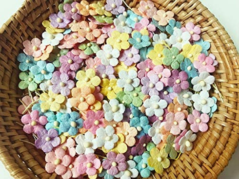TH Flowers Embellishment with Thread stem 8 mm Mulberry Paper Flowers 50 Tiny Craft Supplies Scrap Booking Embellishments for so Many Card Craft Projects