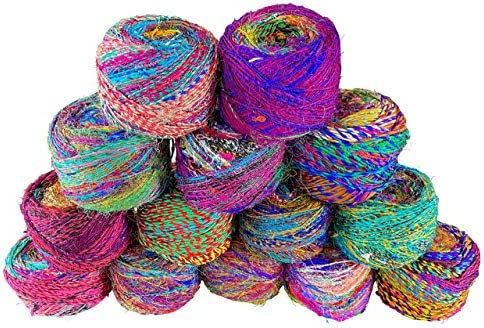 Revolution Fibers Recycled Sari Silk Yarn, Multi-Color Pure Silk Yarn, Made from Handspun Used Sari Fabric Ribbon Scraps, Rainbow Yarn for Knitting, Weaving & Crocheting 100 Grams per Ball (1-Pack)