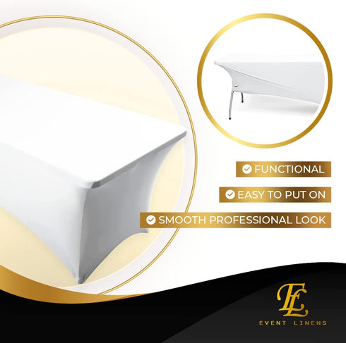 White 6ft Tablecloth Rectangular Spandex Linen - Table Cloth Fitted Cover for 6 Foot Folding Table, Wedding Linens Banquet Cloths Rectangle Covers