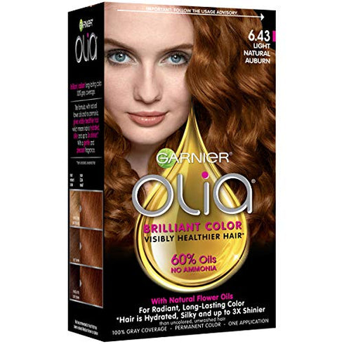 Garnier Olia Ammonia Free Permanent Hair Color, 100% Gray Coverage (Packaging May Vary), 6.43 Light Natural Auburn, Red Hair Dye, Pack of 1