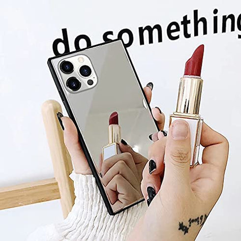 LUVI Square for iPhone 13 Pro Max Mirror Case for Women Makeup Cute Luxury Glossy Glass Mirror Back Design Cover with Silicone Bumper Slim Thin Case for iPhone 13 Pro Max 6.7 inch