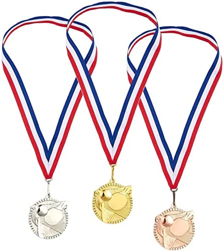 Juvale 3-Piece Award Medals Set, Table Tennis Gold, Silver, Bronze Medals for Ping Pong Games, Competitions, Party Favors, 2.3 Inches in Diameter with 32-Inch Ribbon