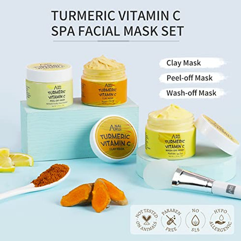 ANAI RUI Turmeric Vitamin C Facial Mask 3-in-1 Travel Mini Kit - Clay Mask, Peel Off Mask, Wash-Off Cream Mask, for Acne & Dark Spots, Oily Skin, Facial Spa Treatment 1.75 oz × 3 ea