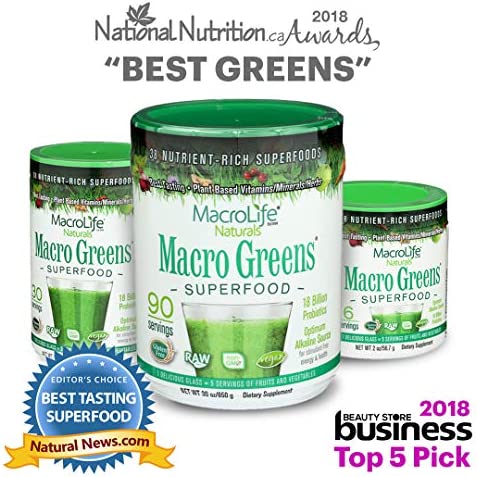 MacroLife Naturals Macro Greens Powder 38 Superfood Probiotic, Antioxidant, Enzyme & Herbal Supplement - Natural Immunity, Energy, Detox - Non-GMO, Vegan, Gluten-Free, Dairy-Free - 10oz (30 Servings)