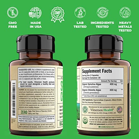 Spirulina Chlorella Green Superfood Capsules. Boosts Energy, Supports Cardiovascular Health. Antioxidant Properties for Detox and Cleanse