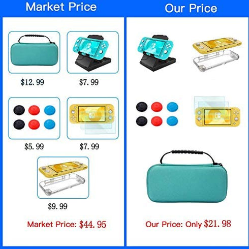 Accessories Kit for Nintendo Switch Lite - YOOWA Accessories Bundle with Carrying Case, Protective Cover case, 2-Pack Tempered Glass Screen Protector, Adjustable Play Stand, 6 Thumb Grips