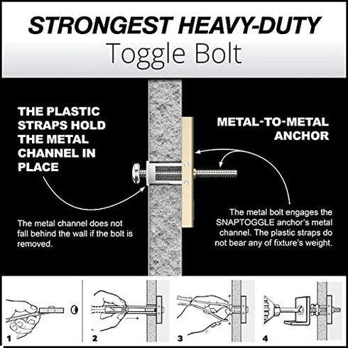 TOGGLER SNAPTOGGLE BA Toggle Anchor with Bolts, Zinc-Plated Steel Channel, Made in US, 3/8" to 3-5/8" Grip Range, For 3/16"-24 UNC Fastener Size (Pack of 2)