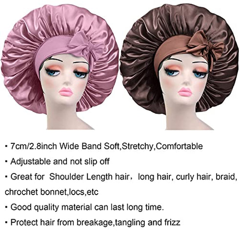Satin Bonnet Silk Bonnet with Elastic Tie Band Adjustable Straps Hair Bonnet Jumbo Size for Sleeping Satin Bonnet Stretchy Tie Band for Women Long Curly Braid Hair (Pink)