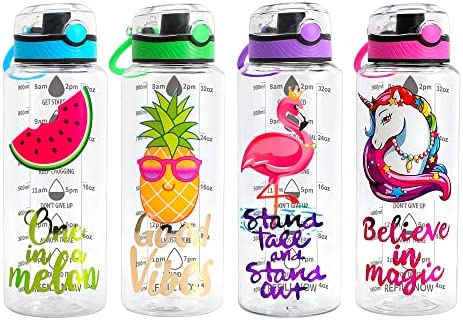 Home Tune 30oz Water Drinking Bottle - Tritan BPA Free, Chug Spout, Push-Button Flip Lid, Time Marker, Lightweight, Leak-Proof Water Bottle with Cute Print Design for Girls & Boys
