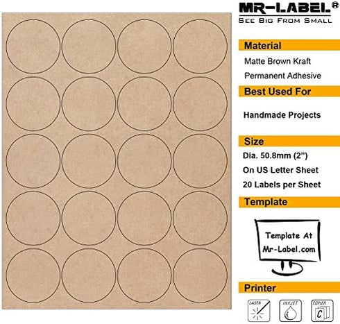 Mr-Label 2” Printable Natural Kraft Brown Round Label - Round Dot Sticker - for Mason Jar Lid | Crafts | Candles | Candy | Party Favor | Gift Label - for Inkjet / Laser Printer (10 sheets/200 Labels)