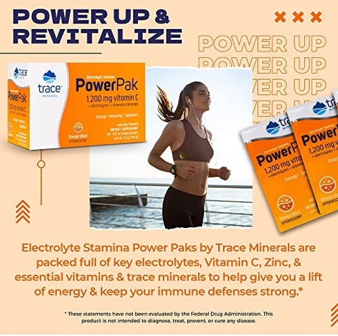 Trace Minerals | Power Pak Electrolyte Powder Packets | 1200 mg Vitamin C, Zinc, Magnesium | Boost Hydration, Immunity, Energy, Muscle Stamina | Orange Blast | 30 Packets