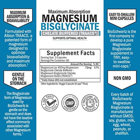 Magnesium Bisglycinate 100% Chelate No-Laxative Effect - Maximum Absorption & Bioavailability, Fully Reacted & Buffered - Healthy Energy Muscle Bone & Joint Support - Non-GMO Project Verified -180ct