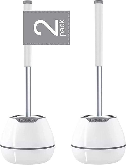 BOOMJOY Toilet Brush 2 Packs, Toilet Bowl Brush with Holder, Silicone Toilet Brush Set Cleaner, Bathroom Cleaning Kit with Tweezers - White