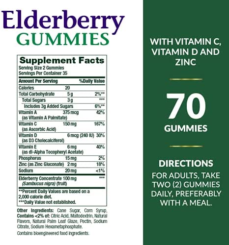 Elderberry Gummies by Nature's Bounty, Dietary Supplement, Supports Immune Health, Contains Vitamin A, C, D, E and Zinc, 100 mg, 70 Gummies