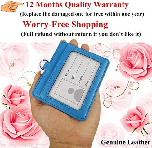 Lucstar Professional ID Badge Holder with Clip Lanyard Horizontal,Genuine Leather Badge Holder Heavy Duty, Clear Window Coach Name Holder for Women Men Work Student ID, Nurse Company(Azure)