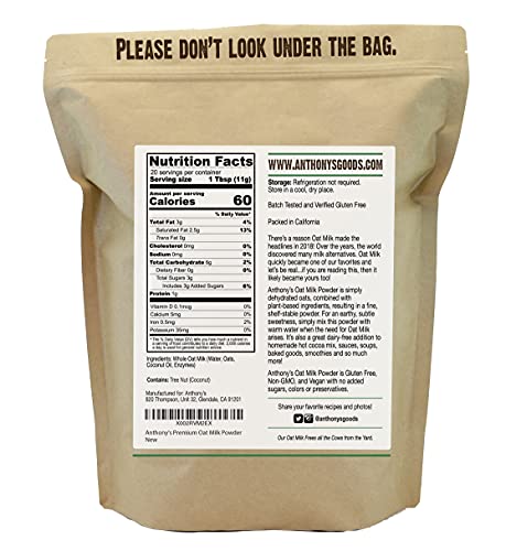 Anthony's Premium Oat Milk Powder, 8 oz, Gluten Free, Non GMO, Vegan, Made in USA