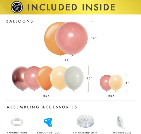 Sweet Baby Co. Dusty Rose Pink Balloon Garland Kit Arch with Matte Mauve, Nude, Taupe, Caramel, and Rose Gold Metallic Balloons Neutral Decorations for Baby Bridal Shower, Birthday Party Ballon Wall